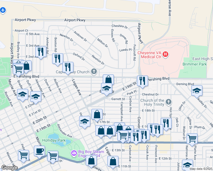 map of restaurants, bars, coffee shops, grocery stores, and more near 1907 East 22nd Street in Cheyenne