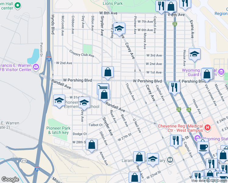map of restaurants, bars, coffee shops, grocery stores, and more near 3118 Bent Avenue in Cheyenne
