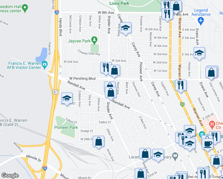 map of restaurants, bars, coffee shops, grocery stores, and more near 3118-3122 Reed Avenue in Cheyenne