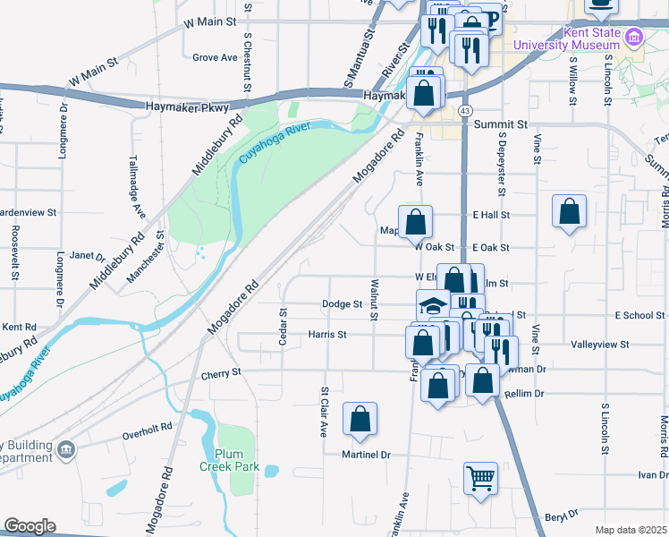 map of restaurants, bars, coffee shops, grocery stores, and more near 349 West Elm Street in Kent