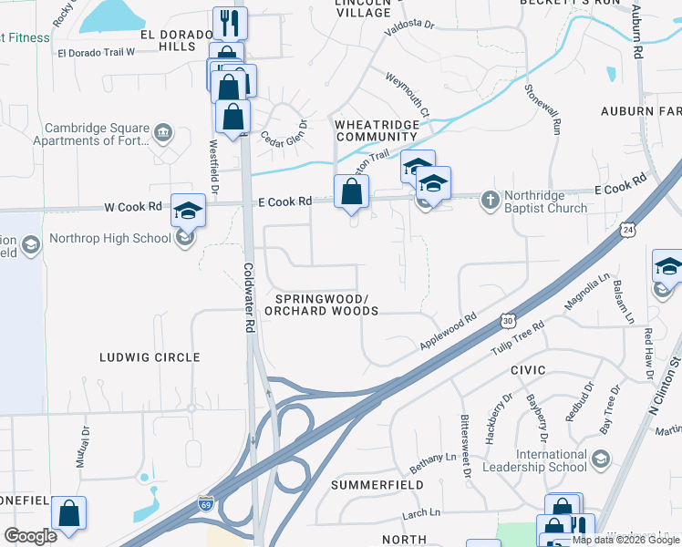 map of restaurants, bars, coffee shops, grocery stores, and more near 622 Springbrook Rd in Fort Wayne