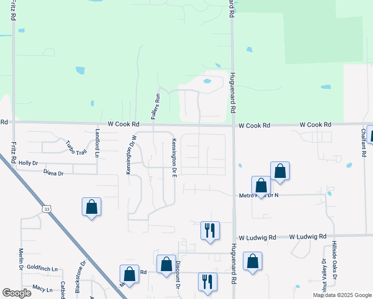 map of restaurants, bars, coffee shops, grocery stores, and more near 7214 Kensington Drive East in Fort Wayne