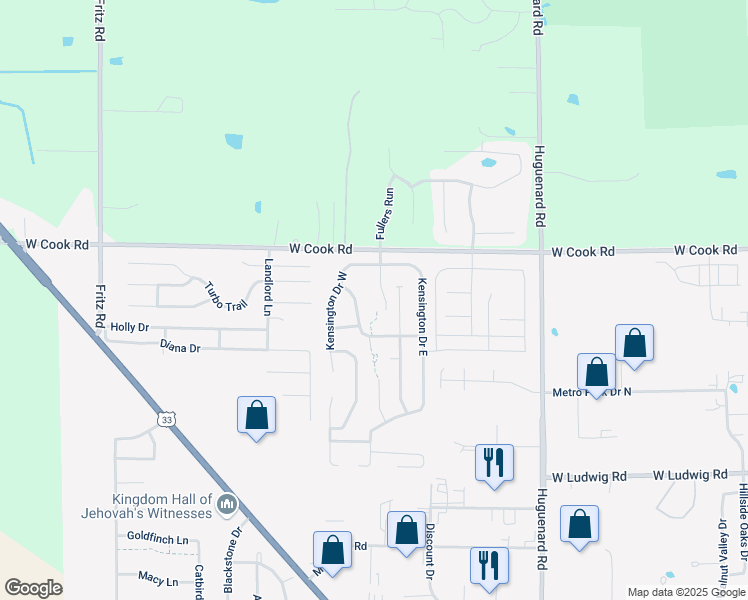 map of restaurants, bars, coffee shops, grocery stores, and more near 4518 Walkers Ridge in Fort Wayne