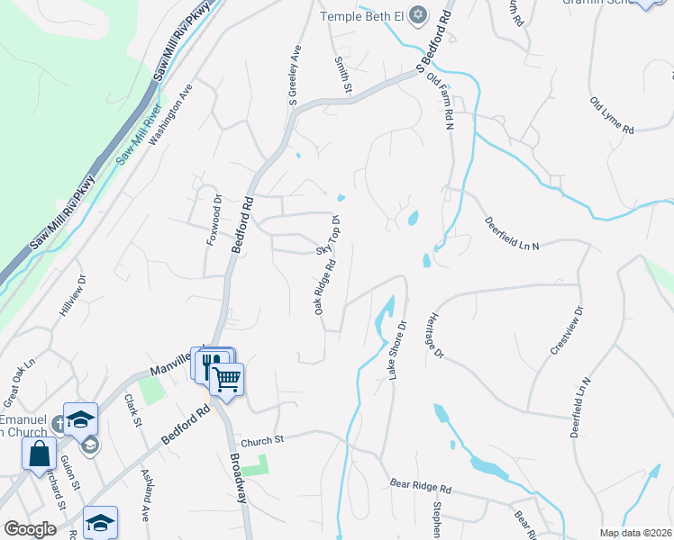 map of restaurants, bars, coffee shops, grocery stores, and more near 27 Oak Ridge Road in Pleasantville