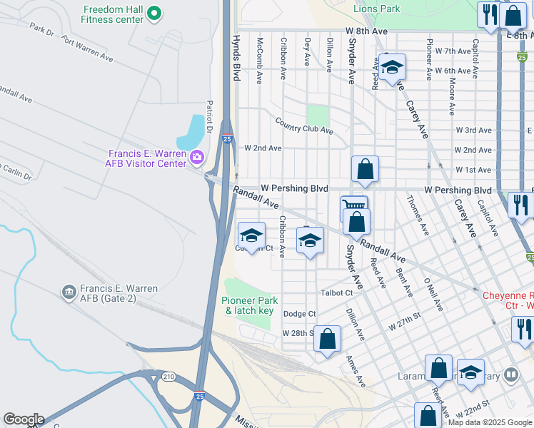map of restaurants, bars, coffee shops, grocery stores, and more near 1317 West 32nd Street in Cheyenne