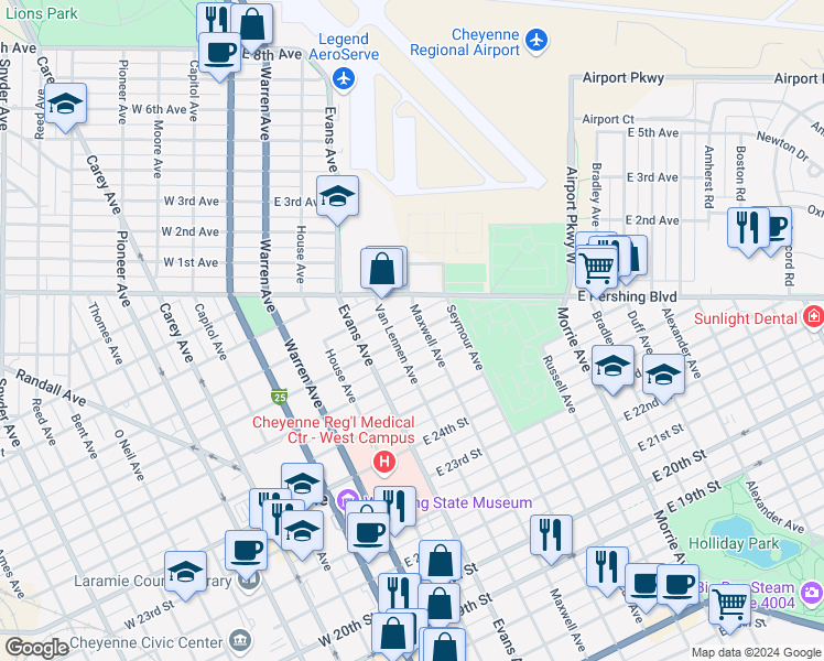 map of restaurants, bars, coffee shops, grocery stores, and more near 512 E 27th St in Cheyenne