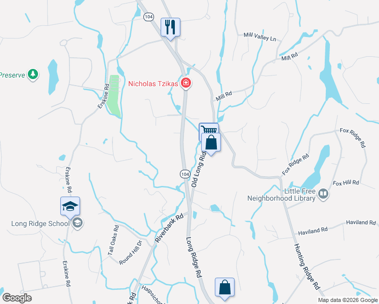map of restaurants, bars, coffee shops, grocery stores, and more near 2473 Long Ridge Road in Stamford