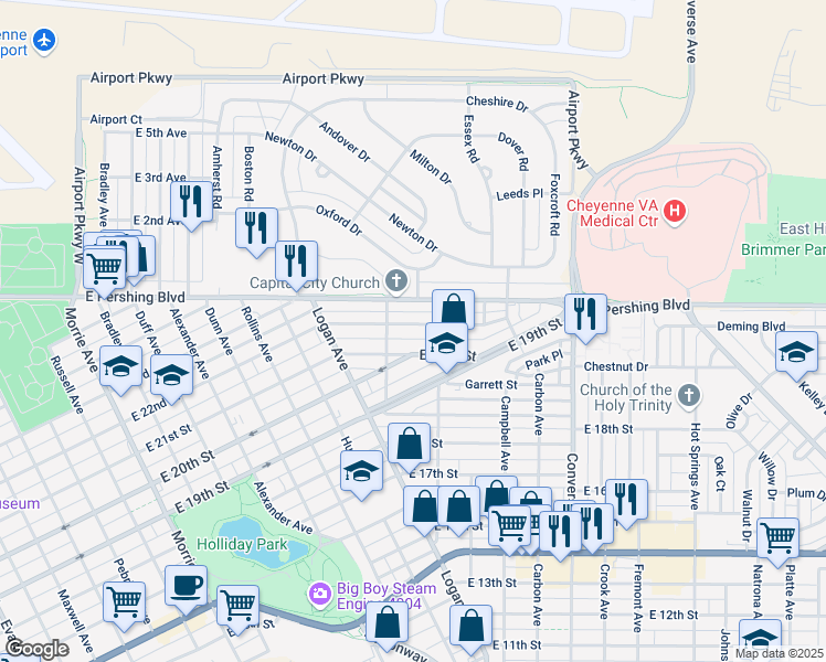 map of restaurants, bars, coffee shops, grocery stores, and more near 1821 East 22nd Street in Cheyenne