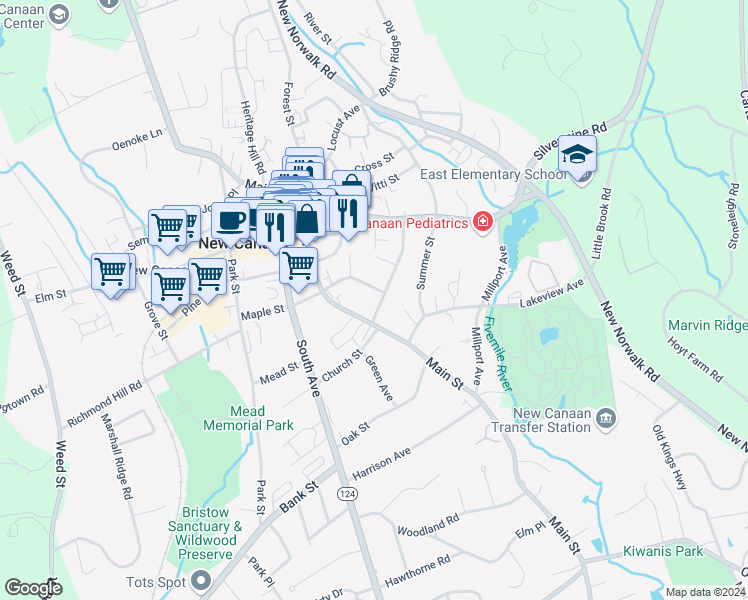 map of restaurants, bars, coffee shops, grocery stores, and more near 20 Hoyt Street in New Canaan