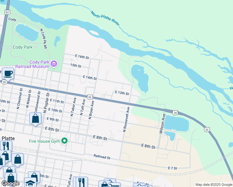 map of restaurants, bars, coffee shops, grocery stores, and more near 1406 East 13th Street in North Platte