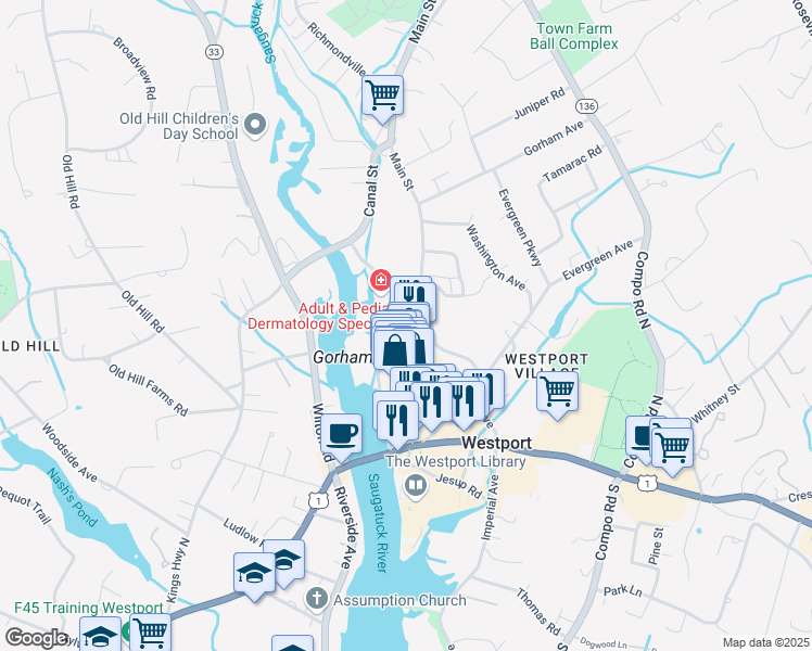 map of restaurants, bars, coffee shops, grocery stores, and more near 9 Belden Place in Westport
