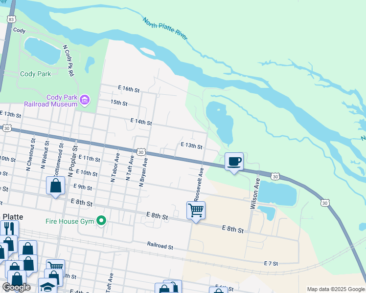 map of restaurants, bars, coffee shops, grocery stores, and more near 1406 East 13th Street in North Platte