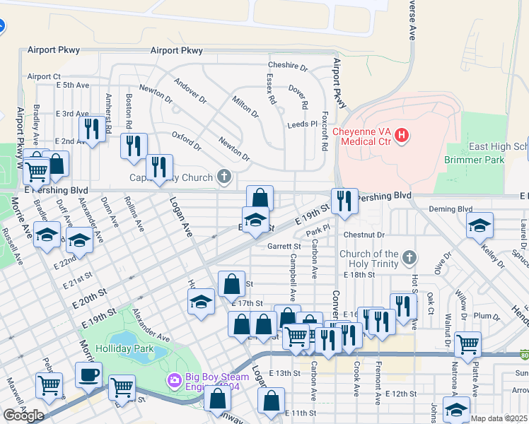 map of restaurants, bars, coffee shops, grocery stores, and more near 1907 East 22nd Street in Cheyenne