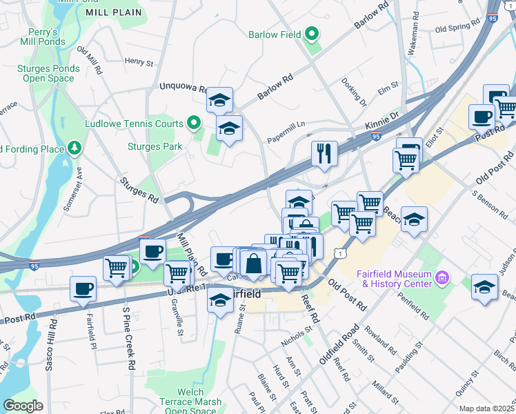 map of restaurants, bars, coffee shops, grocery stores, and more near 333 Unquowa Road in Fairfield
