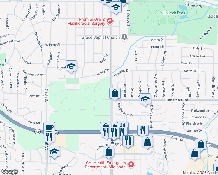 map of restaurants, bars, coffee shops, grocery stores, and more near 1204 South Washington Street in Papillion
