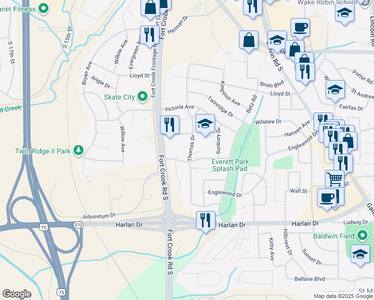map of restaurants, bars, coffee shops, grocery stores, and more near 1402 Thomas Drive in Bellevue