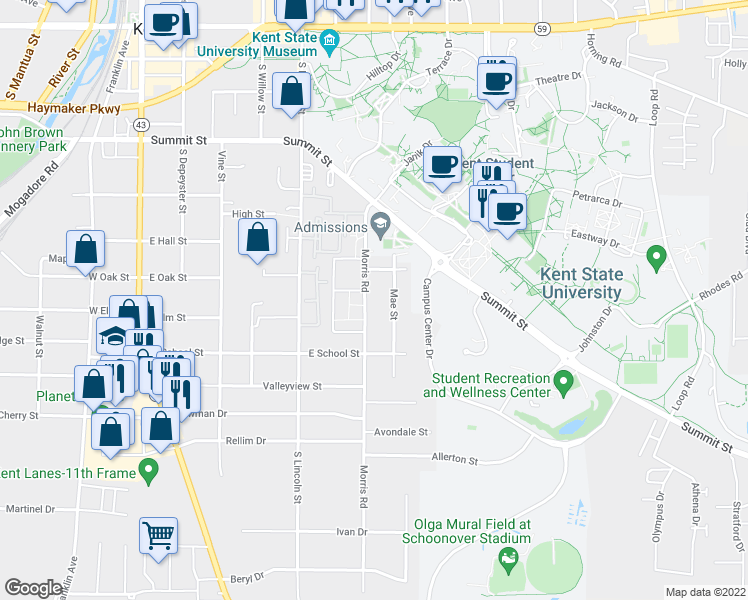 map of restaurants, bars, coffee shops, grocery stores, and more near 985 Morris Road in Kent