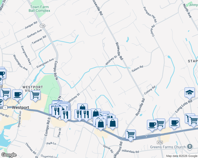 map of restaurants, bars, coffee shops, grocery stores, and more near 2 Webb Road in Westport
