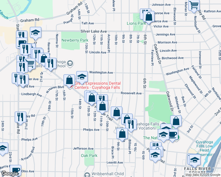 map of restaurants, bars, coffee shops, grocery stores, and more near 2611 Archwood Place in Cuyahoga Falls
