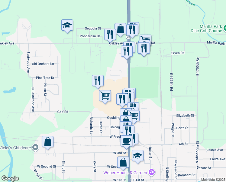 map of restaurants, bars, coffee shops, grocery stores, and more near 24 Dannys Drive in Streator