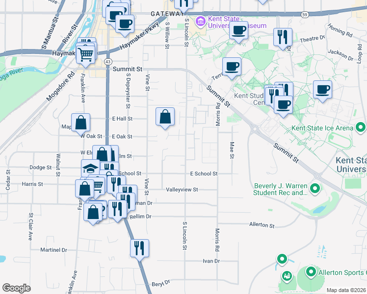 map of restaurants, bars, coffee shops, grocery stores, and more near 985 South Lincoln Street in Kent