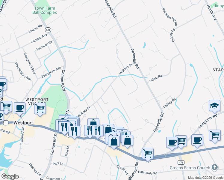 map of restaurants, bars, coffee shops, grocery stores, and more near 2 Webb Road in Westport