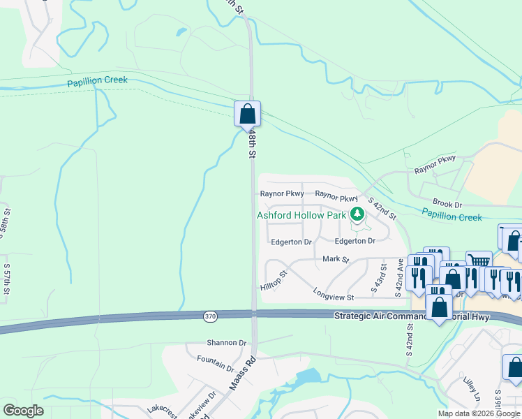 map of restaurants, bars, coffee shops, grocery stores, and more near 11306 S 47th St in Papillion