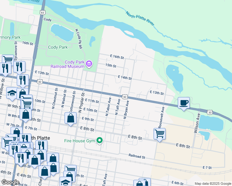 map of restaurants, bars, coffee shops, grocery stores, and more near 1019 East 12th Street in North Platte