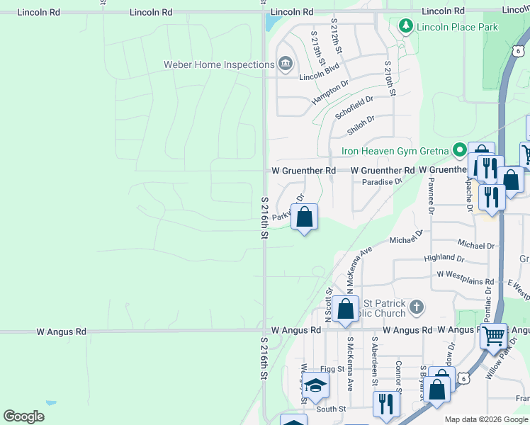 map of restaurants, bars, coffee shops, grocery stores, and more near 10888 South 216th Street in Gretna