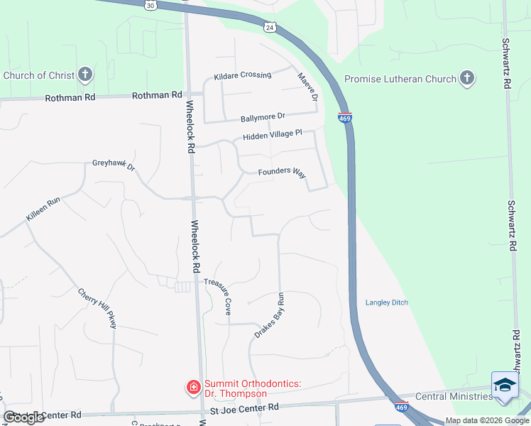 map of restaurants, bars, coffee shops, grocery stores, and more near 9633 Greyhawk Drive in Fort Wayne
