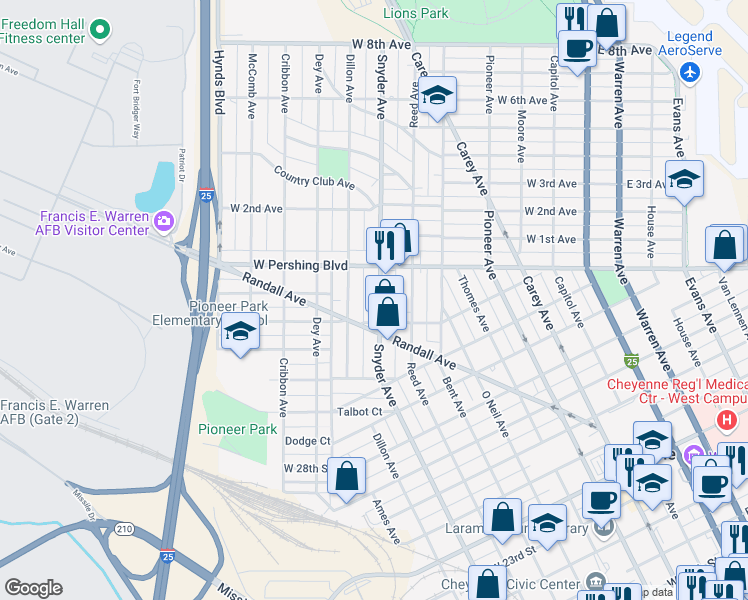 map of restaurants, bars, coffee shops, grocery stores, and more near 3122 Snyder Avenue in Cheyenne