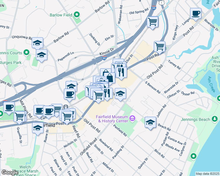 map of restaurants, bars, coffee shops, grocery stores, and more near 1055 Post Road in Fairfield