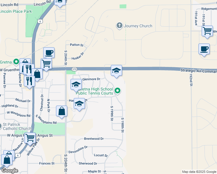 map of restaurants, bars, coffee shops, grocery stores, and more near 11277 S 200th St in Gretna