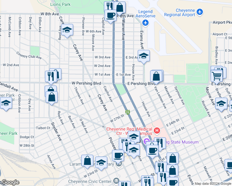 map of restaurants, bars, coffee shops, grocery stores, and more near 2906 Central Avenue in Cheyenne