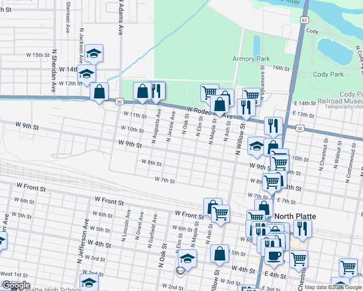 map of restaurants, bars, coffee shops, grocery stores, and more near 951 North Oak Street in North Platte