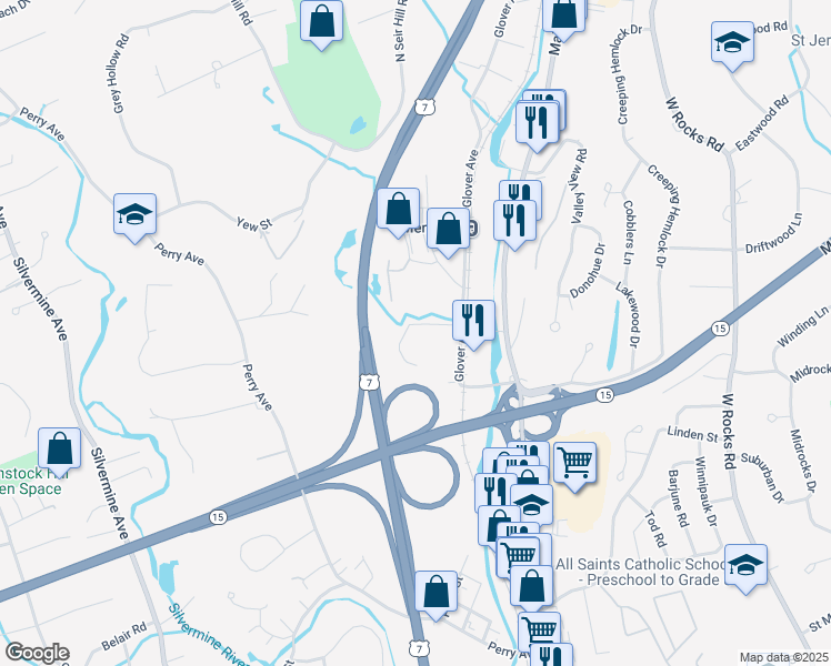 map of restaurants, bars, coffee shops, grocery stores, and more near 45 Glover Avenue in Norwalk