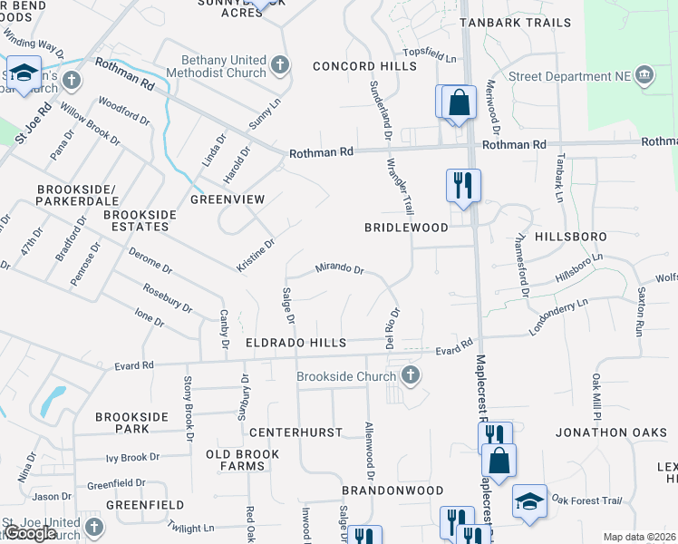 map of restaurants, bars, coffee shops, grocery stores, and more near 5722 Mirando Drive in Fort Wayne