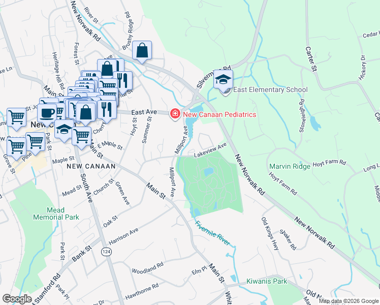 map of restaurants, bars, coffee shops, grocery stores, and more near Avalon Drive West in New Canaan