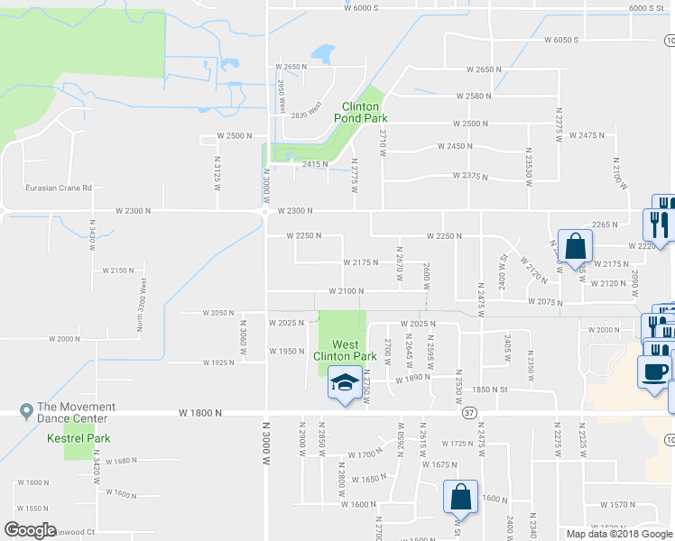 map of restaurants, bars, coffee shops, grocery stores, and more near 2151 North 2800 West in Clinton