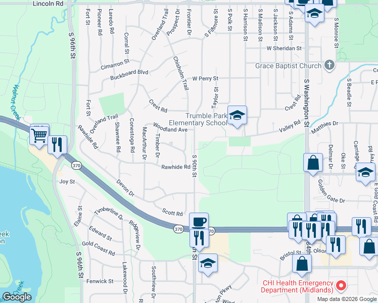 map of restaurants, bars, coffee shops, grocery stores, and more near 1111 Locust Avenue in Papillion