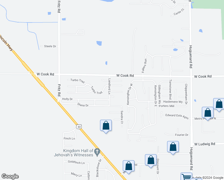 map of restaurants, bars, coffee shops, grocery stores, and more near 4736 Wonderboy Way in Fort Wayne