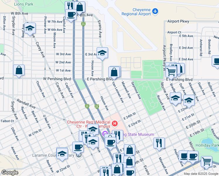 map of restaurants, bars, coffee shops, grocery stores, and more near 2720 Van Lennen Avenue in Cheyenne