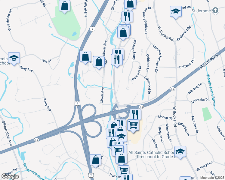 map of restaurants, bars, coffee shops, grocery stores, and more near 4 Odonnell Road in Norwalk