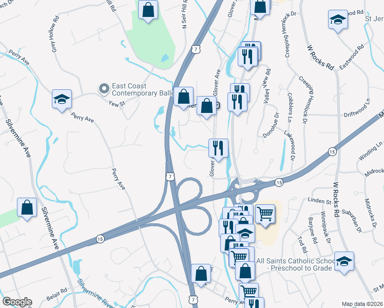 map of restaurants, bars, coffee shops, grocery stores, and more near 901 Main Ave in Norwalk