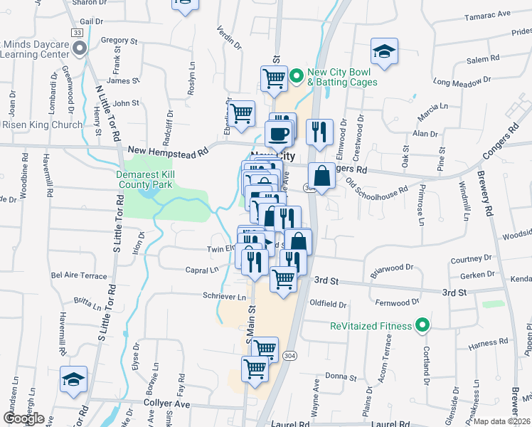 map of restaurants, bars, coffee shops, grocery stores, and more near 61 Maple Avenue in New City