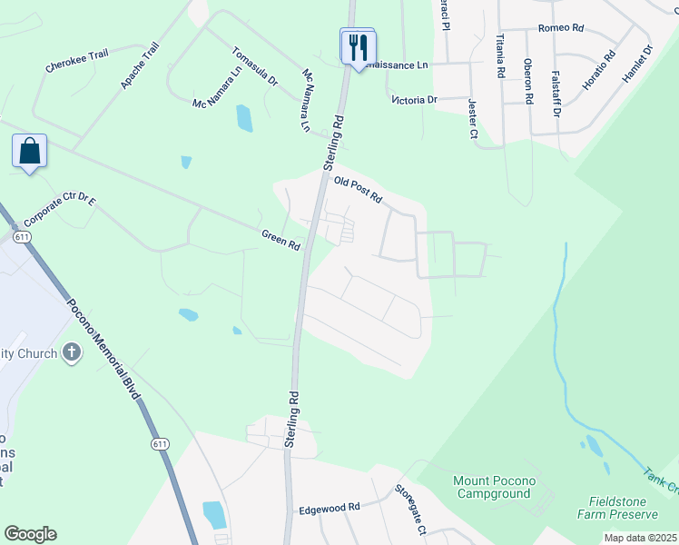 map of restaurants, bars, coffee shops, grocery stores, and more near 3113 Evergreen Circle in Tobyhanna