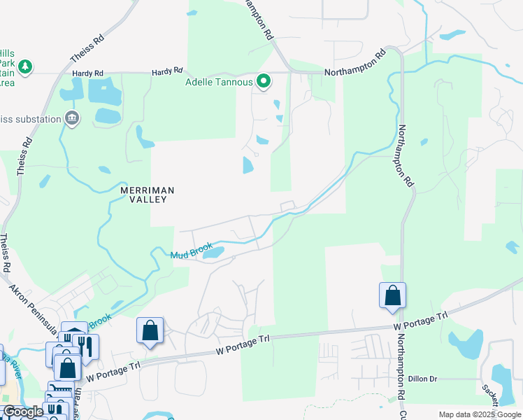 map of restaurants, bars, coffee shops, grocery stores, and more near 877A Rocky Brook Drive in Akron