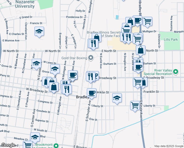 map of restaurants, bars, coffee shops, grocery stores, and more near in Bradley