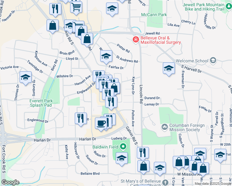 map of restaurants, bars, coffee shops, grocery stores, and more near 1503 Galvin Road South in Bellevue