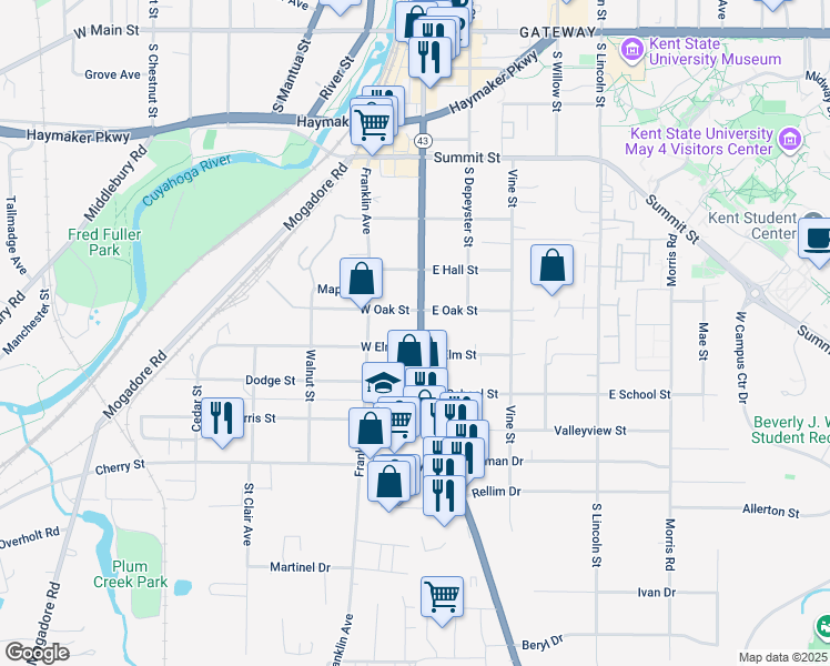 map of restaurants, bars, coffee shops, grocery stores, and more near 918 South Water Street in Kent